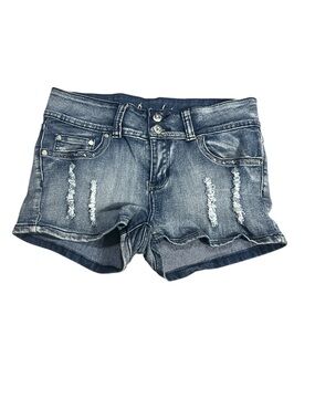 Women's Distressed Blue Denim Jean Shorts with Frayed Hem